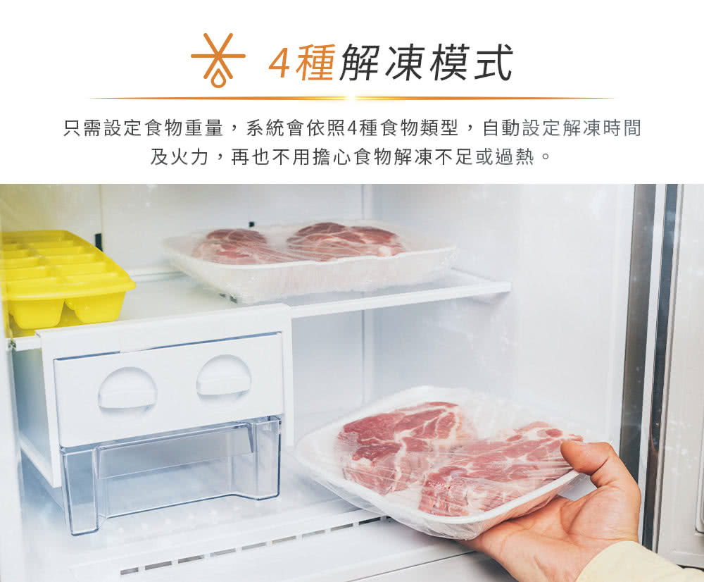 4种解冻模式 只需设定食物重量,系统会依照4种食物类型,自动设定解冻时间 及火力,再也不用担心食物解冻不足或过热。
