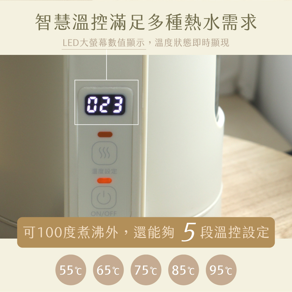 智慧温控满足多种热水需求 LED大萤幕数值显示,温度状态即时显现 温度设定 可100度煮沸外,还能够 5 段温控设定 
