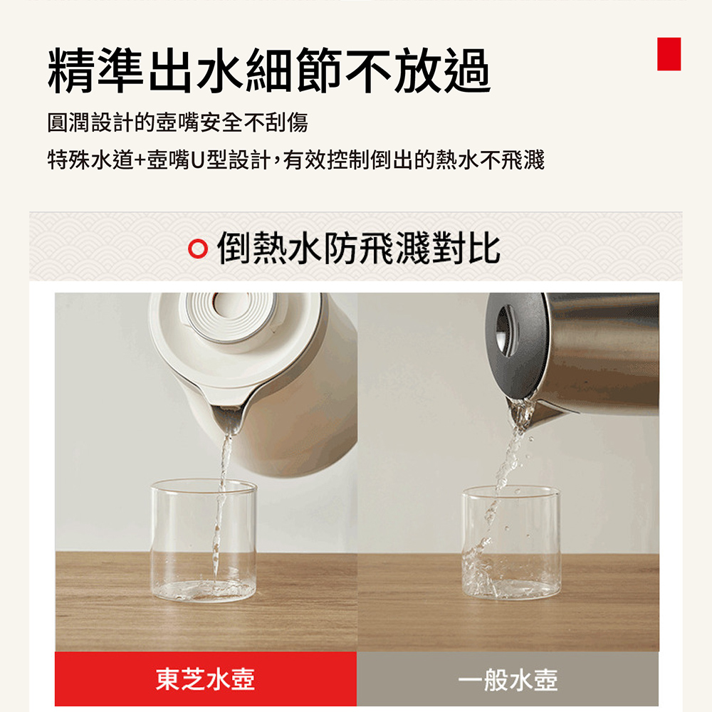 特殊水道壶嘴U型设计,有效控制倒出的热水不飞溅