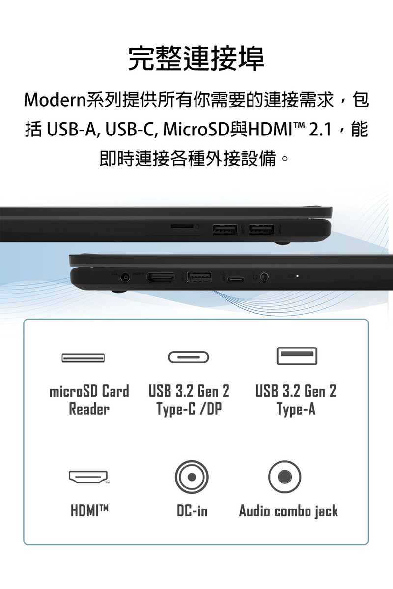 完整连接埠 Modern系列提供所有你需要的连接需求,包 括 USBA, USBC, MicroSD与HDMI 2.1,能 即时连接各种外接设备。 