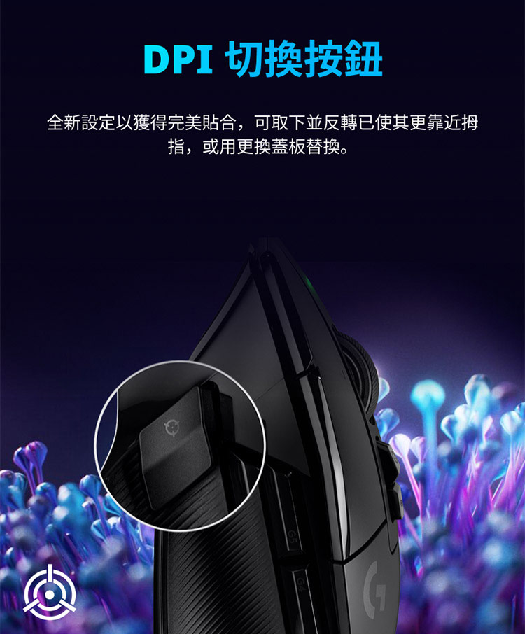 DPI 切换按钮 全新设定以获得完美贴合,可取下并反转已使其更靠近拇 指,或用更换盖板替换。 