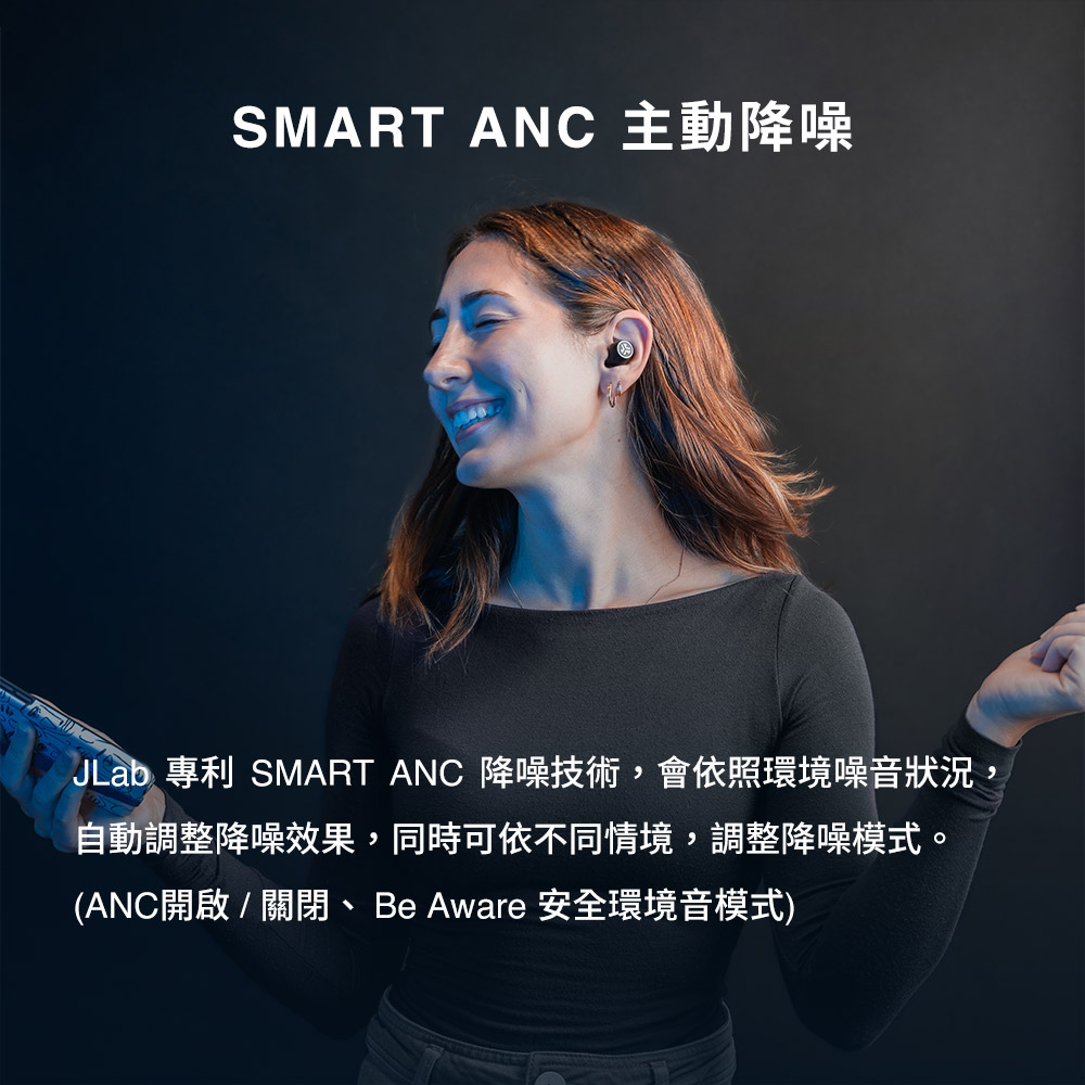 SMART ANC 主动降噪 JLab 专利 SMART ANC 降噪技术,会依照环境噪音状况, 自动调整降噪效果,同时可依不同情境,调整降噪模式。 ANC开启 关闭、 Be Aware 安全环境音模式