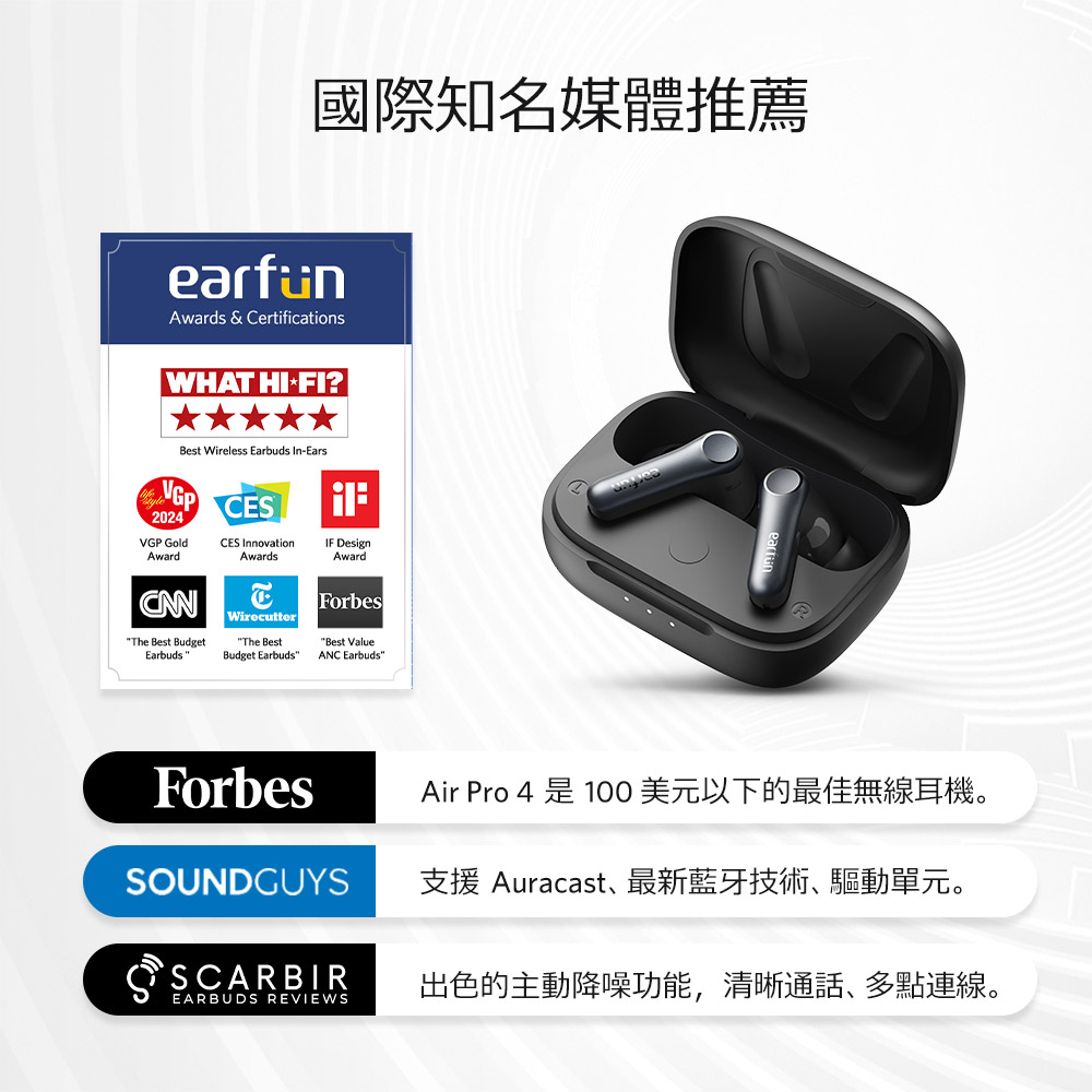 国际知名媒体推荐 Air Pro 4 是 100美元以下的最佳无线耳机。 SOUNDGUYS 支援 Auracast、最新蓝牙技术、驱动单元。 SCARBIR 出色的主动降噪功能,清晰通话、多点连线。