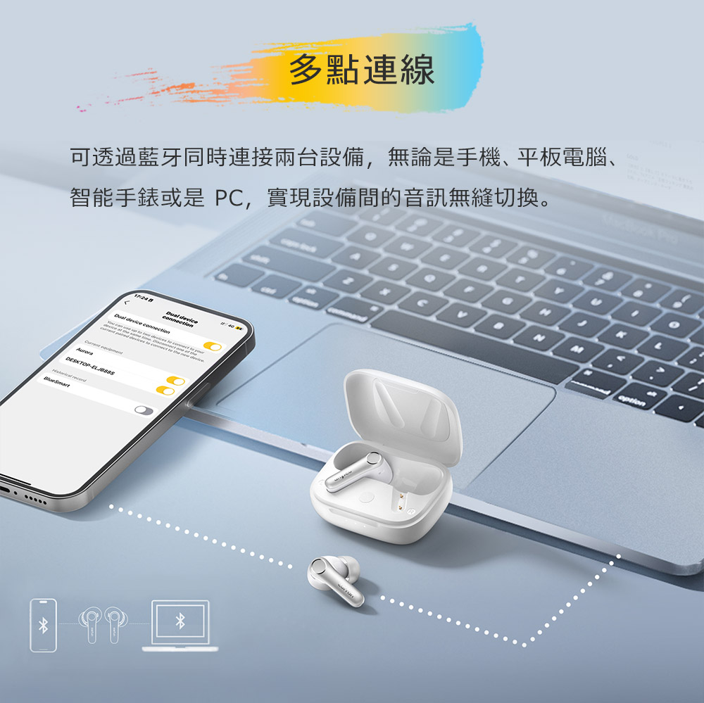 多点连线 智能手表或是 PC,实现设备间的音讯无缝切换。 可透过蓝牙同时连接两台设备,无论是手机、平板电脑、